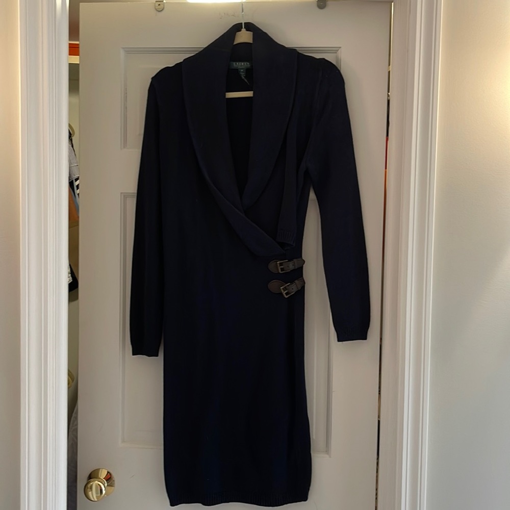 Lauren Ralph Lauren navy sweater dress with leather buckle size M
